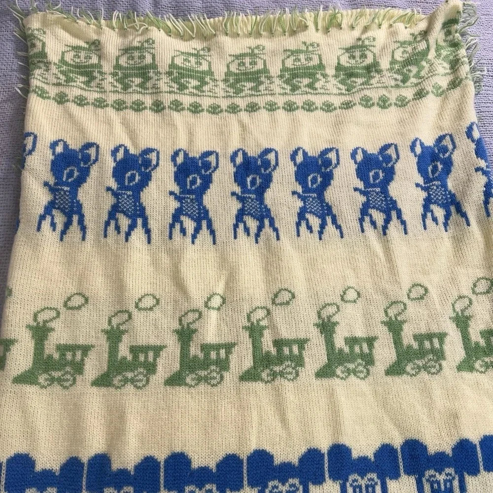 Vintage Mickey Mouse Knit Baby Blanket Disney Trains Deer Horse Cream Blue Green